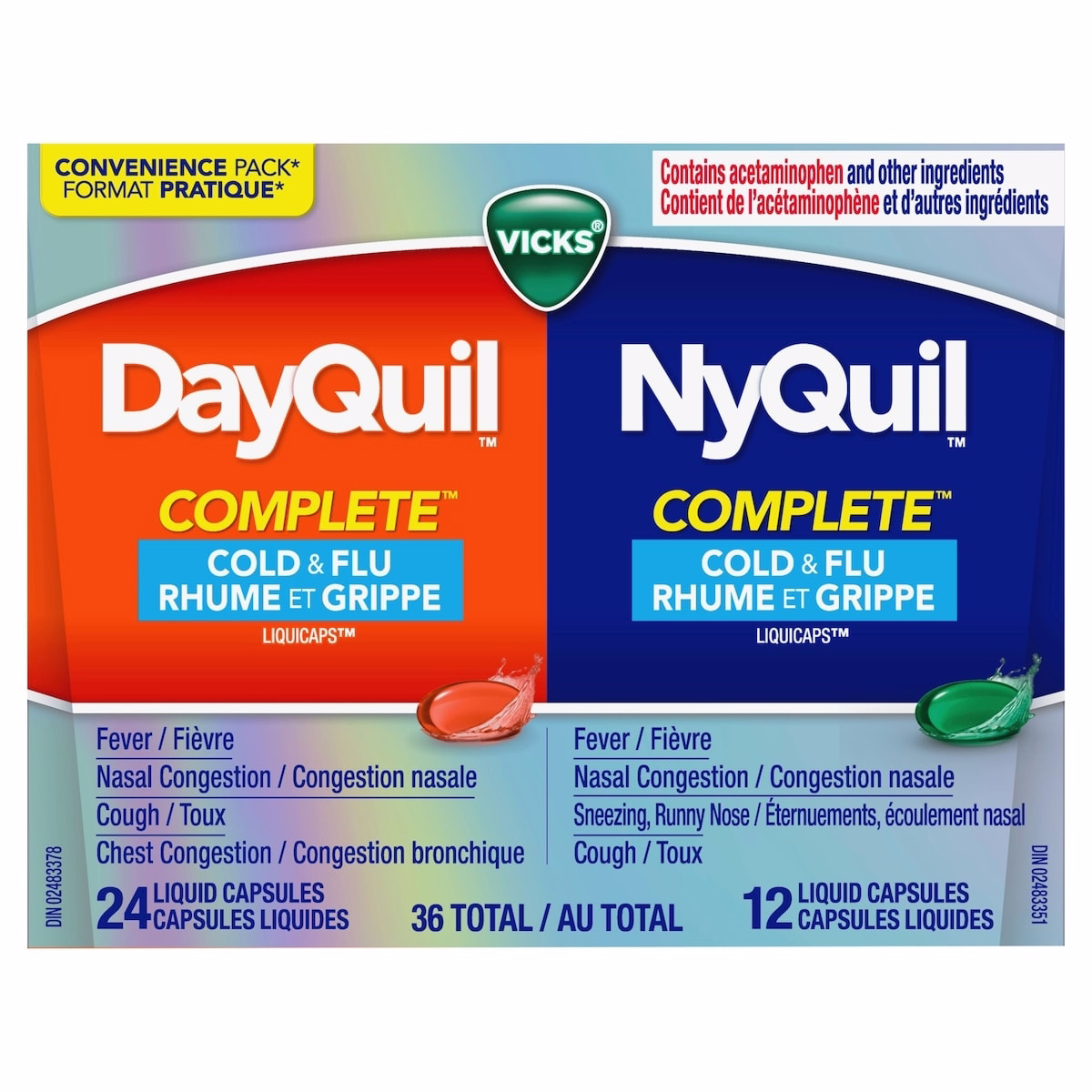 Vicks DayQuil and NyQuil COMPLETE Cold, Flu and Congestion Medicine, 36 LiquiCaps, Relieves Cough, Sore Throat Pain, Fever, Runny Nose, Congestion, Da