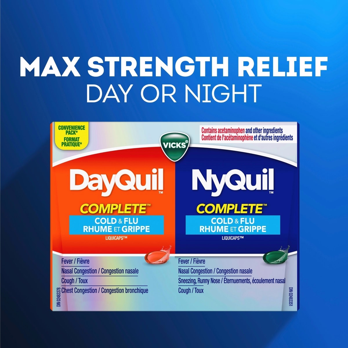 Vicks DayQuil and NyQuil COMPLETE Cold, Flu and Congestion Medicine, 36 LiquiCaps, Relieves Cough, Sore Throat Pain, Fever, Runny Nose, Congestion, Da