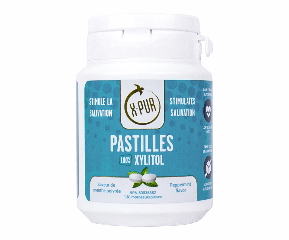 X-Pur 100% Xylitol Pastilles, Peppermint, 130 Units - Stimulates Saliva