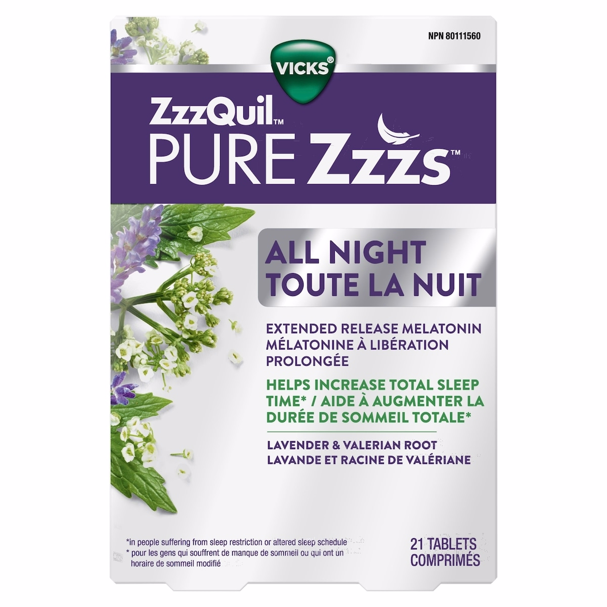 ZzzQuil PURE Zzzs All Night Extended Release, Melatonin Sleep Aid Tablets, Releases up to 6 hours, Sleep Aid for Adults, 2 mg per tablet, 21 Tablets